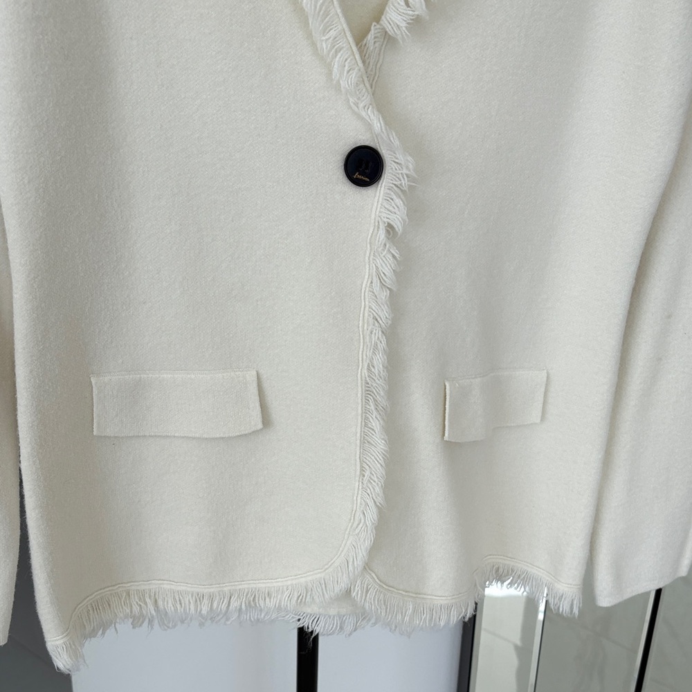 Elegant Cream Fringed Knit Blazer - Picture 3 of 11